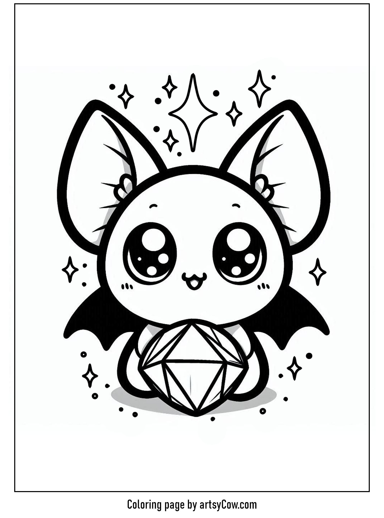 halloween coloring pages with bats. The image shows a cute, large-eyed bat with oversized ears sitting above a sparkling crystal ball, surrounded by stars.